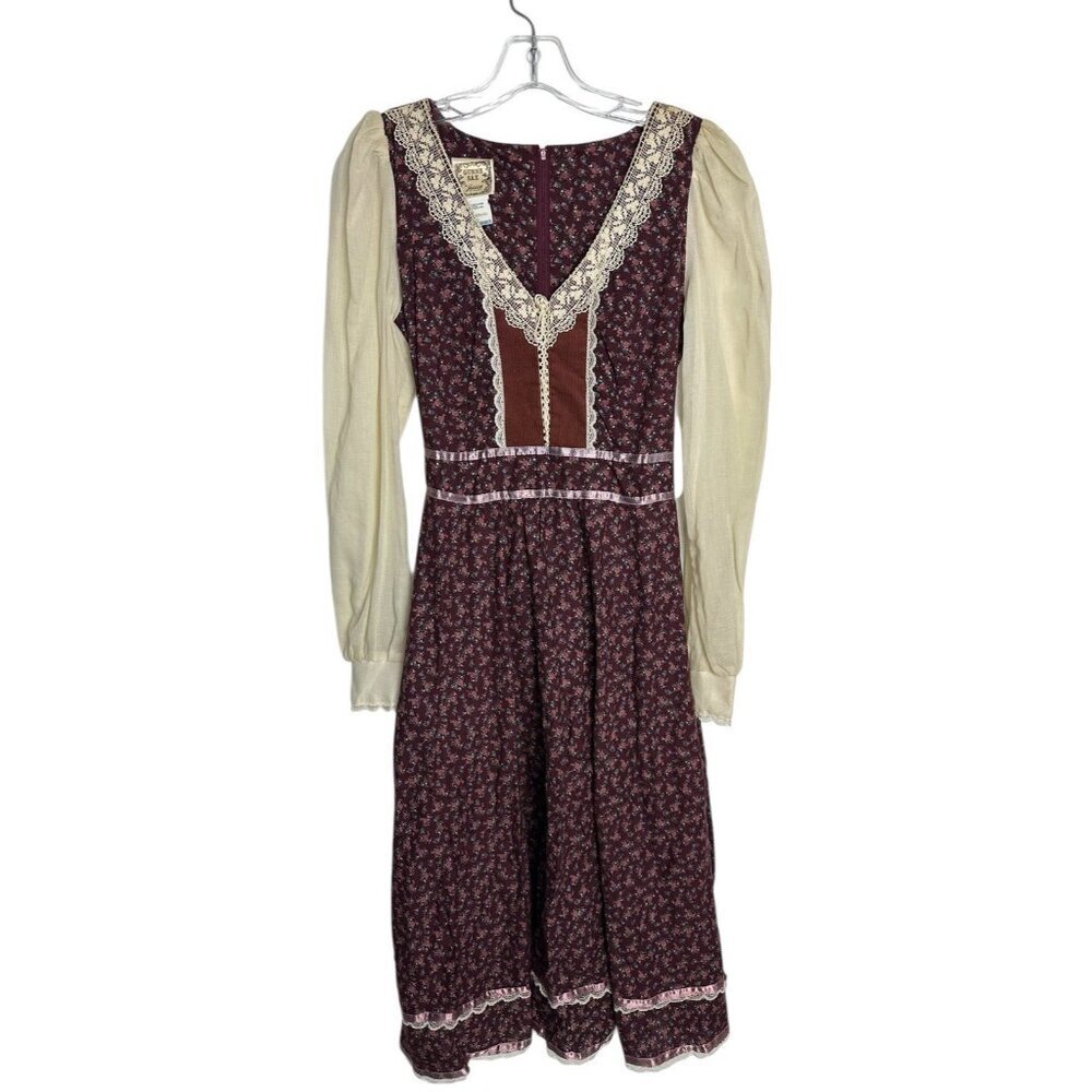 Gunne Sax by Jessica RARE 1970s Vintage Dress Burgundy Calico Midi Dress Size 9 - Picture 2 of 16
